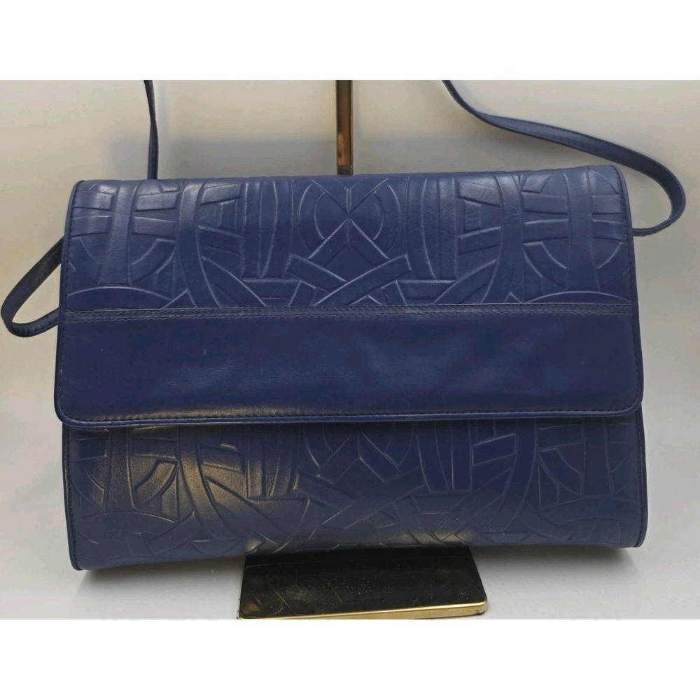 VTG‎ Blue Soft Leather Clutch Crossbody Purse Geometric Embossed Flap 12x9 - Picture 2 of 14